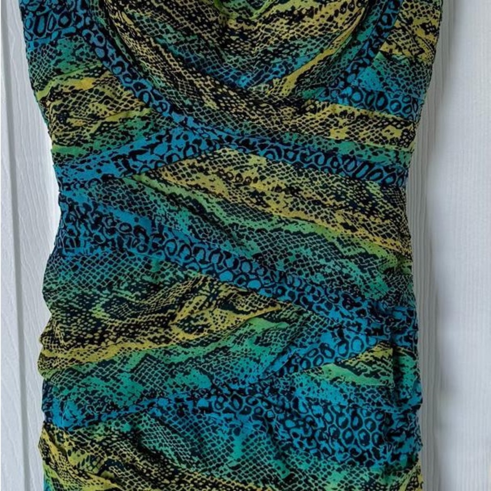 BCBGMAXAZRIA Blue and Green Patterned Dress